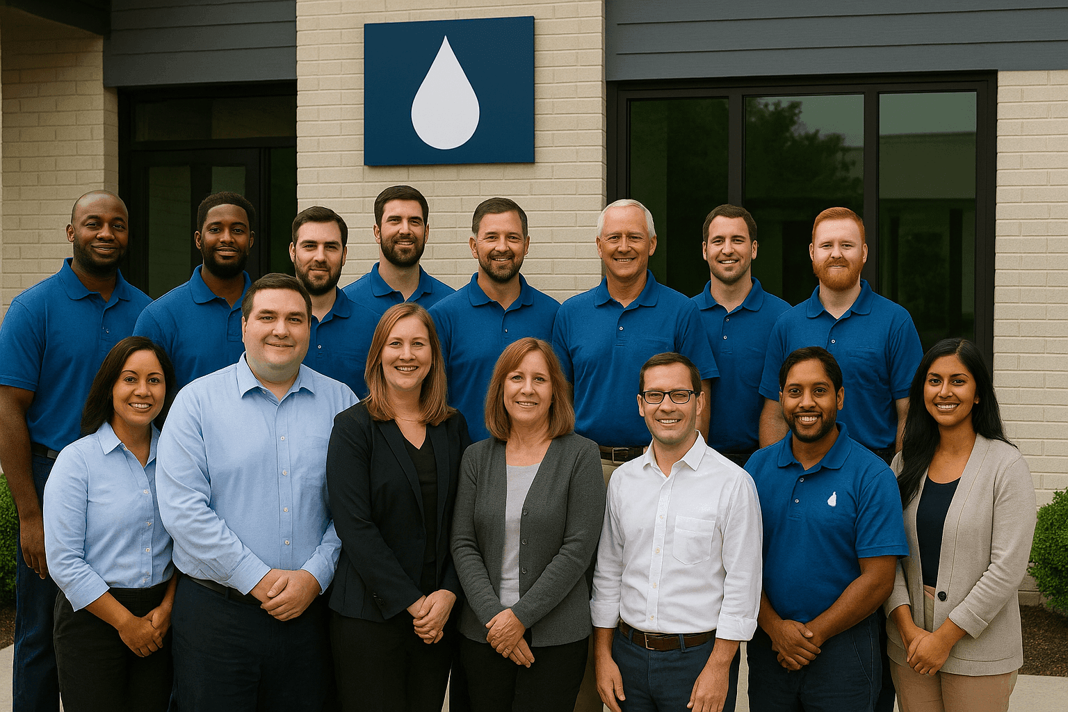 Group photo of company employees standing outside a building with a blue logo featuring a white droplet