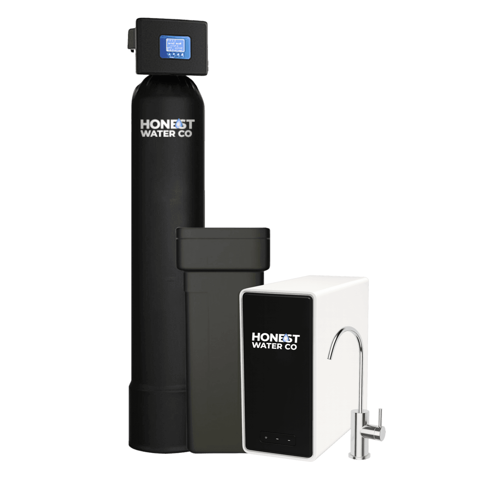 Black and white water filtration system from Honest Water Co with a sleek faucet attachment.